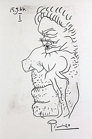Alter Mann Serigrafie Pochoir 1964 BY Pablo Picasso: HAND PULLED AND SIGNED E. IMAGE SIZE: 13X10". ATTRIBUTED TO PABLO PICASSO. Pablo Ruiz y Picasso, known as Pablo Picasso (25 October 1881 – 8 April 1973) was a Spanish painter, sculptor, printmaker, 