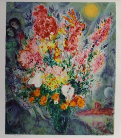 Giclee on Paper "Bouquet" after Marc Chagall: Giclee, "Bouquet" after Marc Chagall, bears the signature, Limited Edition, Sice Aprox. 28 x 22 In. Marc Zakharovich Chagall (July 6th 1887 – March 28th 1985) "The quintessential Jewish artist of th