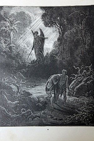 The Dore Bible Gallery "The Expulsion from the Garden": From The Dore Bible Gallery containing one hundred superb illustrations. By Gustave Dore born in the city of Strasburg, January 10, 1833.