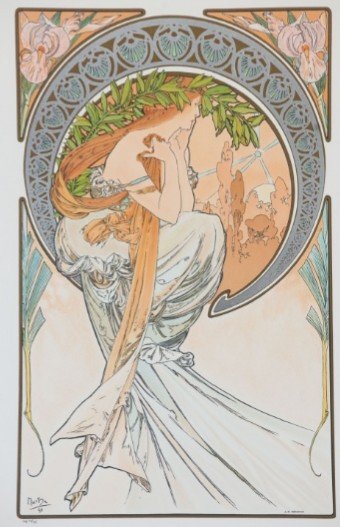 Signed Limited Edition Lithograph Alphonse Mucha: Signed limited edition lithograph Alphonse Mucha "The Arts: Poetry", unframed dimensions approximately 18x27. Recreated from the original image by Alphonse Mucha under the endorsement of The Mucha Fou