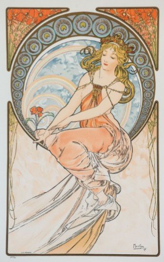 Signed Limited Edition Lithograph Alphonse Mucha: Signed limited edition lithograph Alphonse Mucha "The Arts: Painting", unframed dimensions approximately 18x27. Recreated from the original image by Alphonse Mucha under the endorsement of The Mucha F