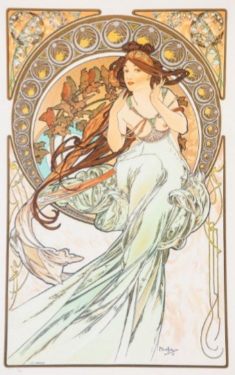 Signed Limited Edition Lithograph Alphonse Mucha: Signed limited edition lithograph Alphonse Mucha "The Arts: Music", unframed dimensions approximately 18x27. Recreated from the original image by Alphonse Mucha under the endorsement of The Mucha Foun