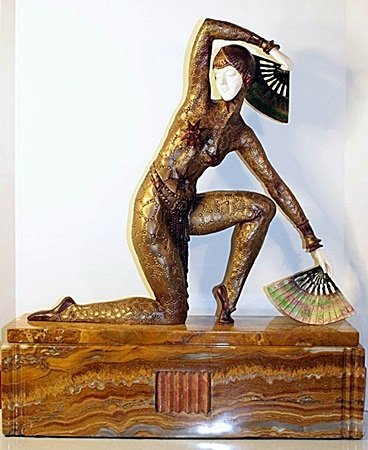 Fan Dancer - Bronze Sculpture by Chiparus: In our opinion a work from the artist’s model, originating in his circle and cast during his lifetime or shortly thereafter, in the manner of Chiparus, bronze sculpture, Fan Dancer. Base bearing the