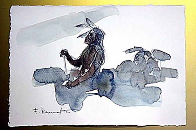 Frederic Remington Watercolor on Paper -Two Warriors: watercolor on paper, "Two Warriors"In the manner of Frederic Remington. Comes beautfully unframed; framing available at an additional cost, and with COA.