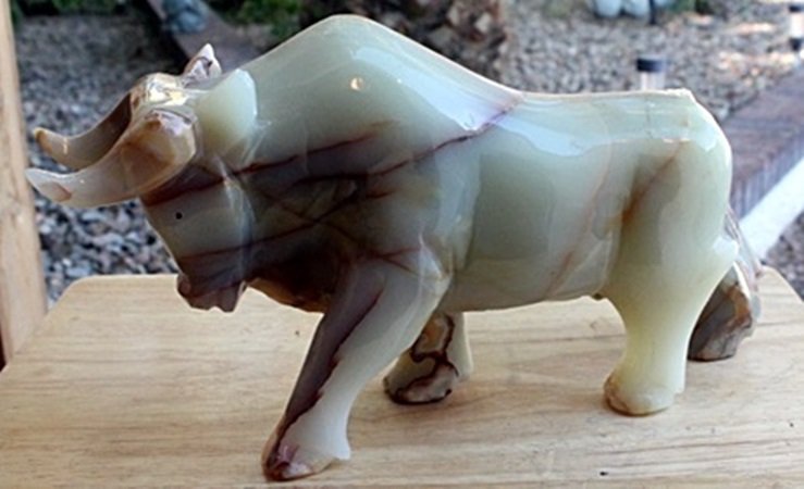 Onyx Bull Sculpture by Gabino(N): Attributed to Gabino; Hand Carved Onyx Bull Sculpture; approx 8x15 1/2x3 1/2 in.