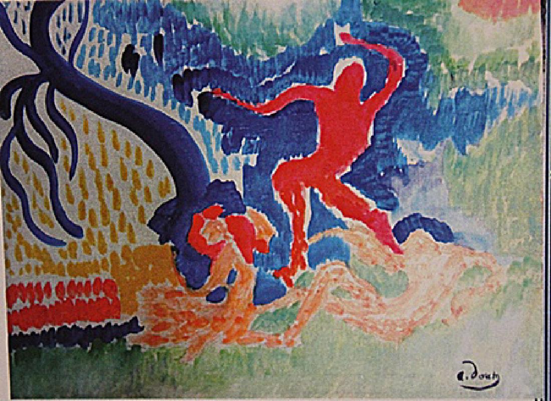 Andre Derain - Characters on the Forest: Oil on paper in the manner of Andre Derain "Characters on the Forest" circa 1937, private collection, unframed dimensions approximately 17x12. André Derain was a French artist, painter, sculptor and