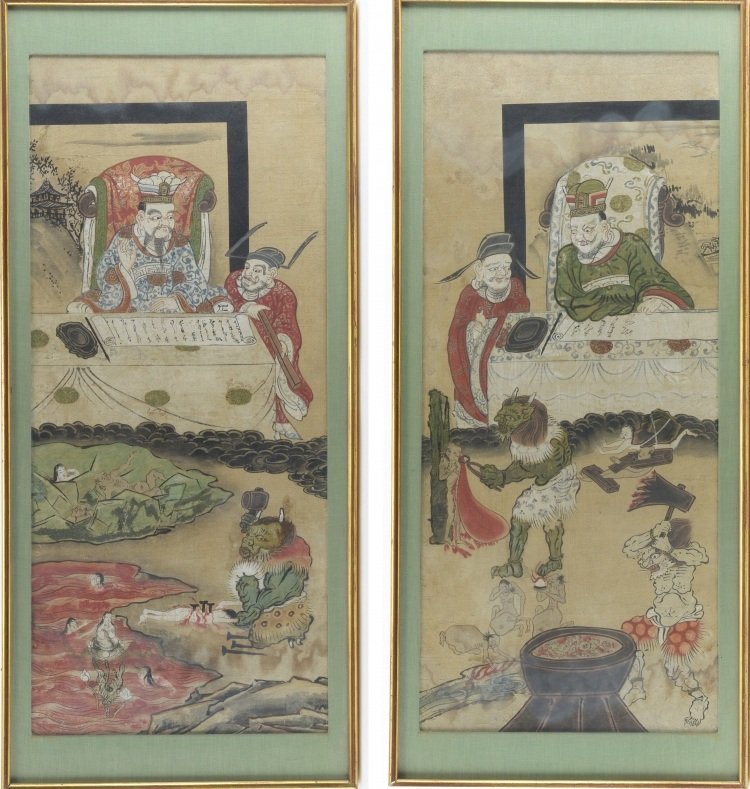 Diyu scenes: China, Qing, 17th A pair of paintings, tempera n paier, depicting the court of souls. lxh 40 x 90 cm