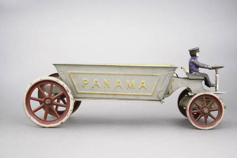 Panama Truck: Kingsbury Mfg. Co. Keene, NH - Circa 1915 - 14.5” Long This wonderful toy simulates the trucks that took the dirt away as the Panama Canal was being built. It works well. Material: Tin