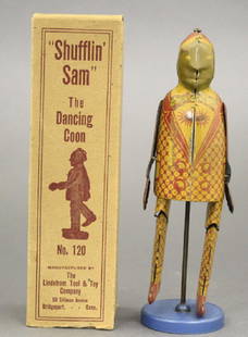 “Shufflin Sam” with Box: Made by Lindstrom Tool & Toy Co. Bridgeport, Connecticut - Circa 1935 Material: Tin