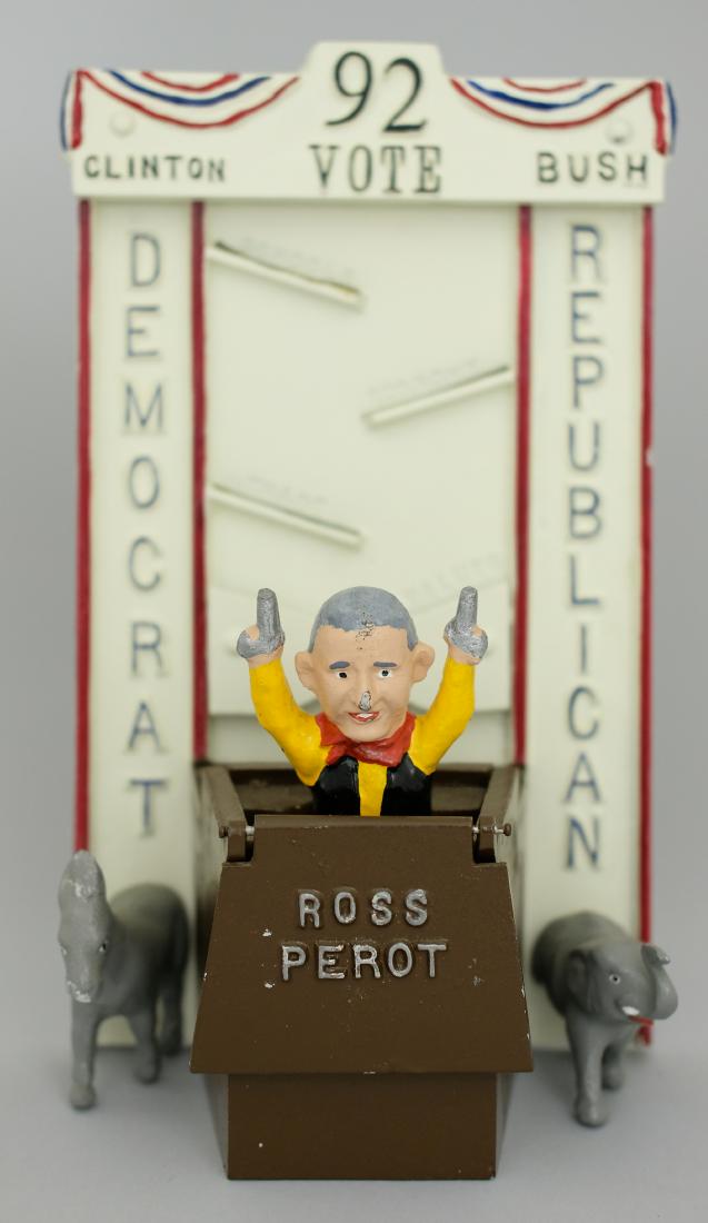 92 Vote Bank: Charles Reynolds Toys Falls Church, Virginia - Dated 1992 Your coins Zig Zag through the issues of the day; Schools, Economy, Trade, Values, then hit a lever exposing that gun toting Texan, Ross Perot