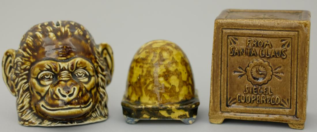 Monkey/Beehive/Santa Safe: Two Austrian/One American The Beehive is American and the other two probably Austrian. The safe missing part of the coin slot. Ceramic