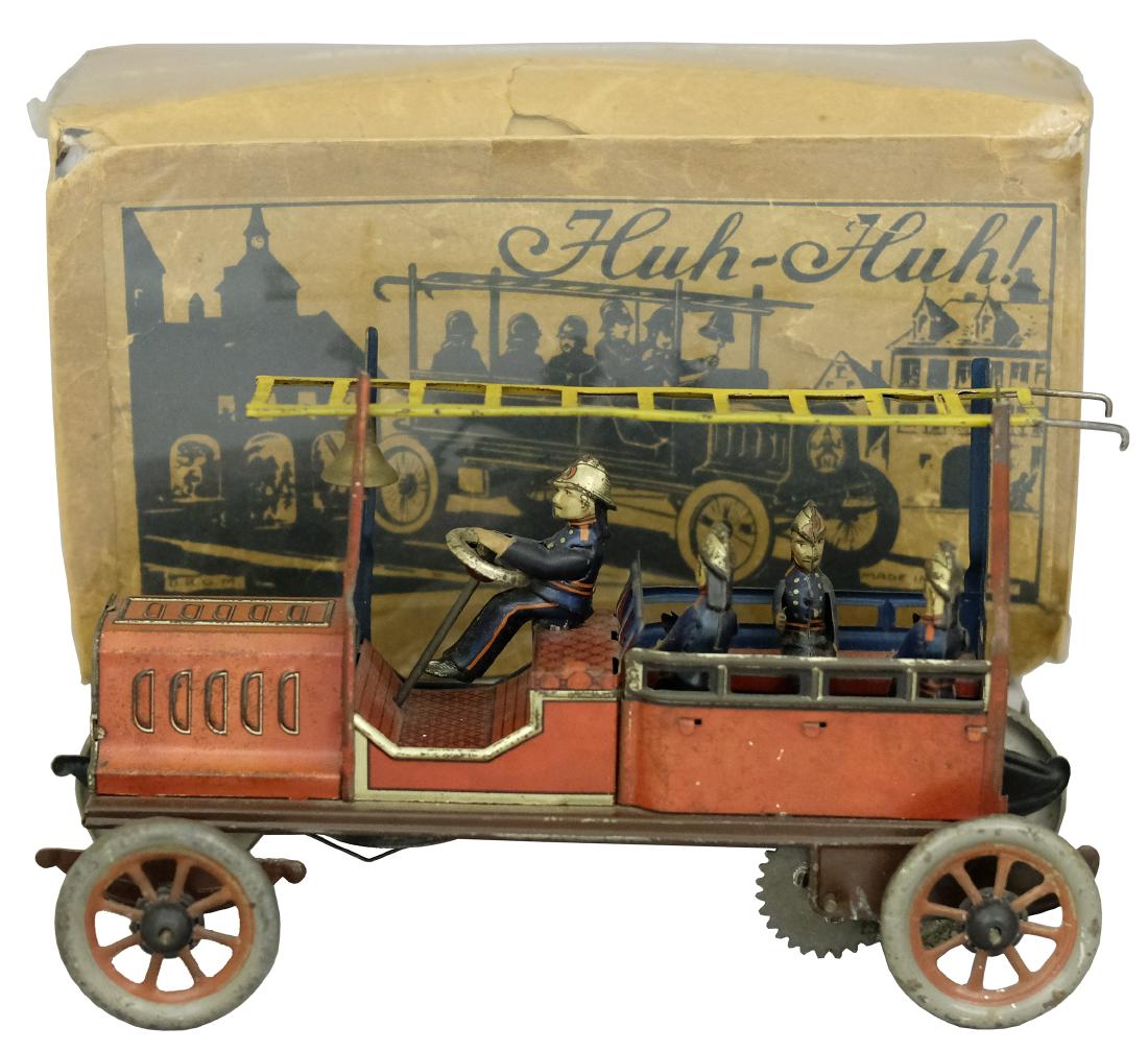 “Huh - Huh" Fire Truck with Original Box: By Hans Eberl Toys; Germany - Circa 1910s.