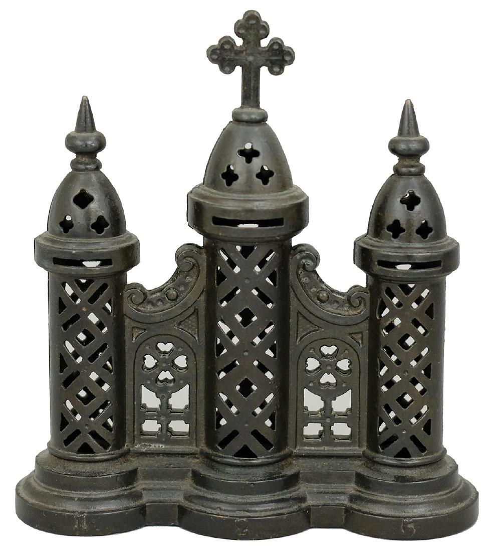 Church Towers: Eddy & Stephens American - Circa 1880's This is a scarce bank in wonderful, bright condition. Missing its paper inserts. Cast Iron