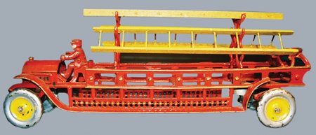 HUBLEY HOOK AND LADDER CAST IRON TOY: Hubley Hook and Ladder - An early and large (20" long) Hook and Ladder made by Hubley Toy Co. Excellent to Pristine Condition.