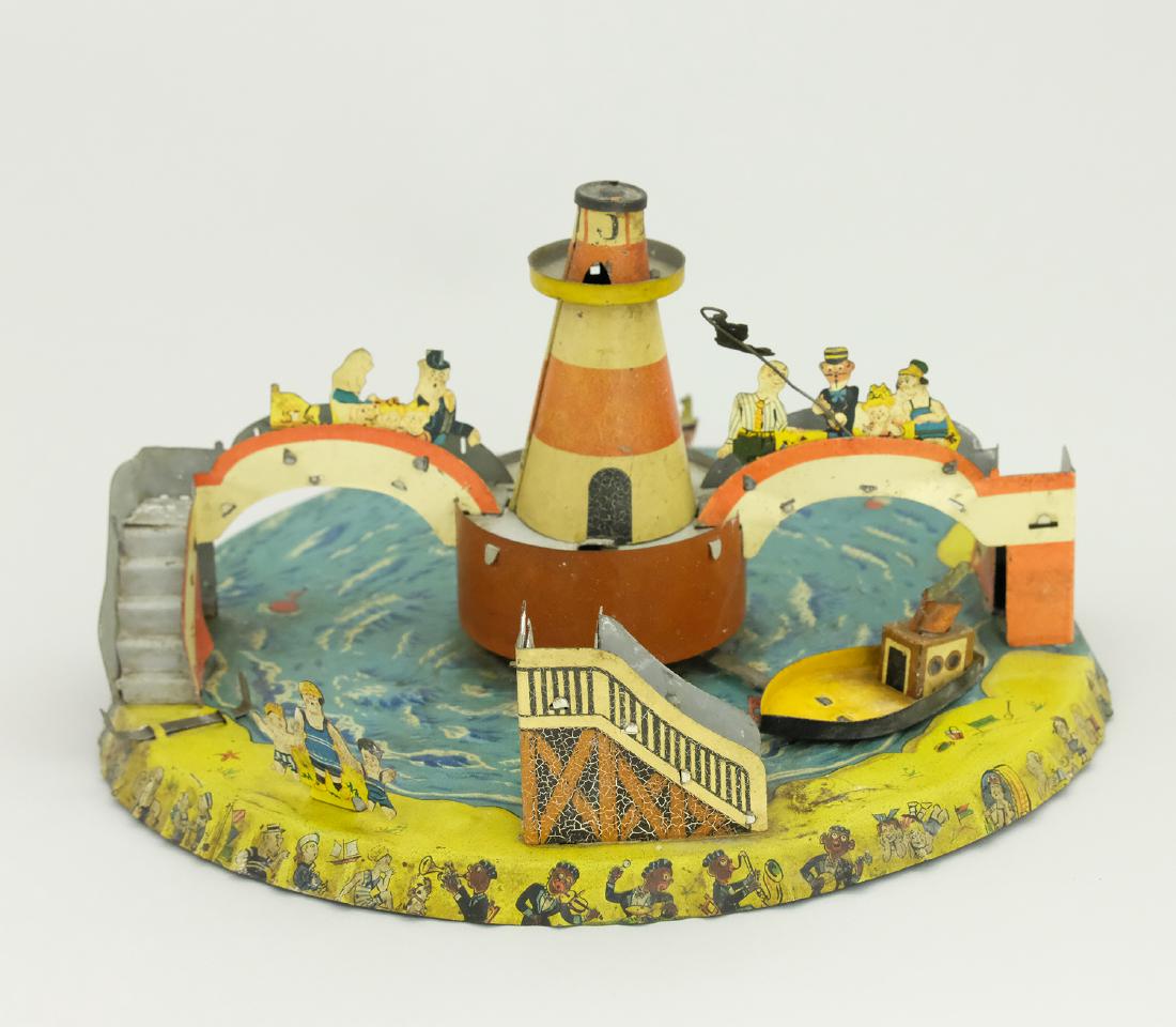 Unusual Novelty Toy with Cargo Boat, Bridges & Beach: Germany - Circa Mid 1930s Tin