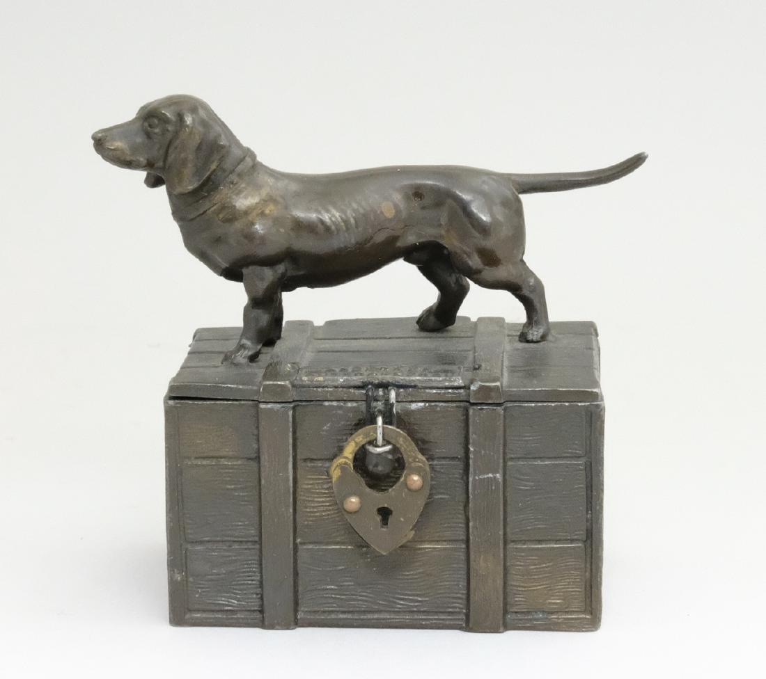 Dachshund on Crate: Germany - 1930 - 3.5" T A scarce and cute little bank. PGSB#355 Material: Spelter