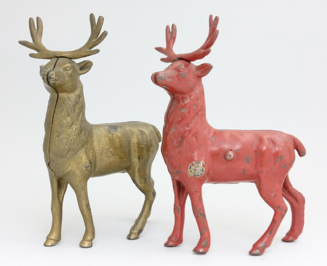 Reindeer - Small, Red & Gold: A. C. Williams / Arcade American - 1920's A. C. Williams employed a screw assembly and Arcade a twist pin. Most of the Arcade label is present. Material: Cast Iron