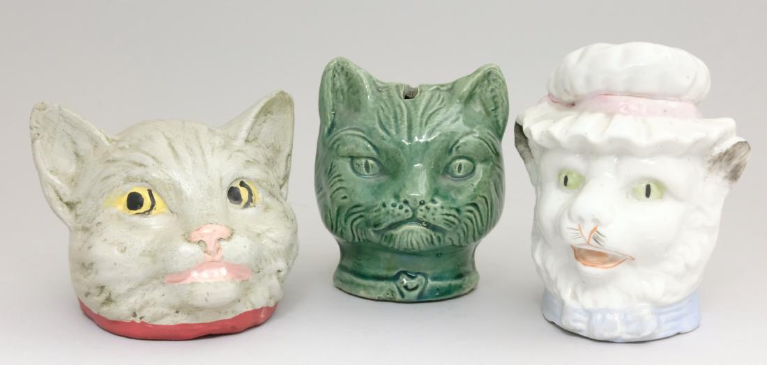 Three Cat Busts: European - 1910/1920 - 2.5" - 3.5" T Material: Bisque and Chalk