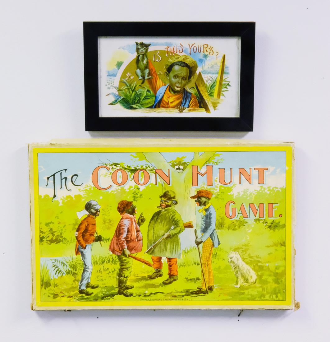 Raccoon Hunt Game / Lithography: Parker Brothers / Wm. Harris 1890's - 9" / 15" L The game appears to be complete with four game pieces. Material: Paper and Cardboard