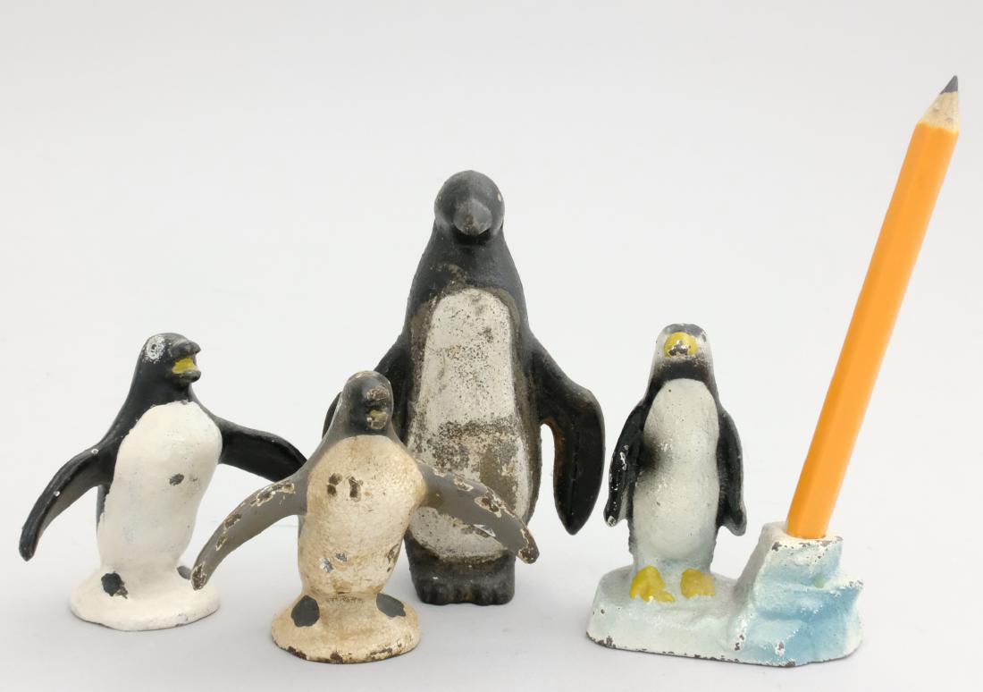 Penguin Themed Paperweights and Pencil Holder: American - 1930's Material: Cast Iron