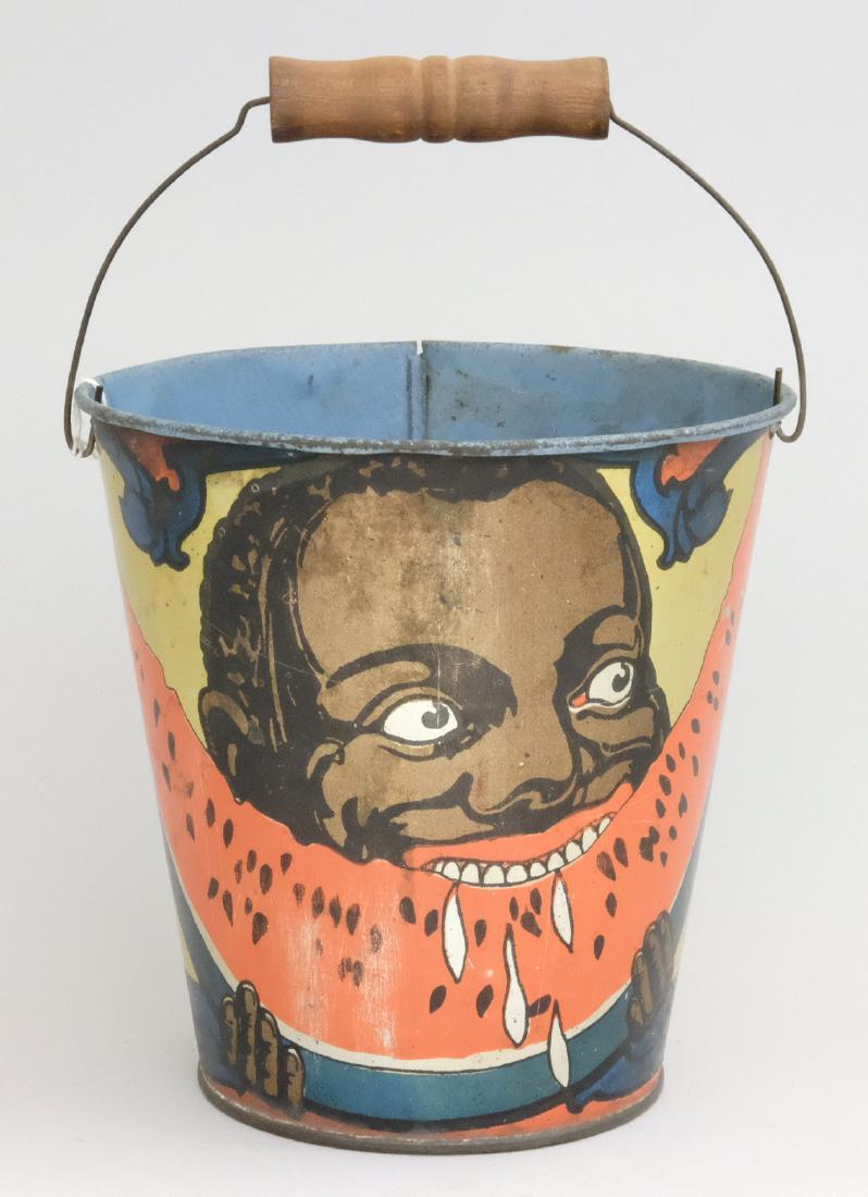 Black Themed Sand Pail: American - 1920 - 9" T Material: Tin and Wood