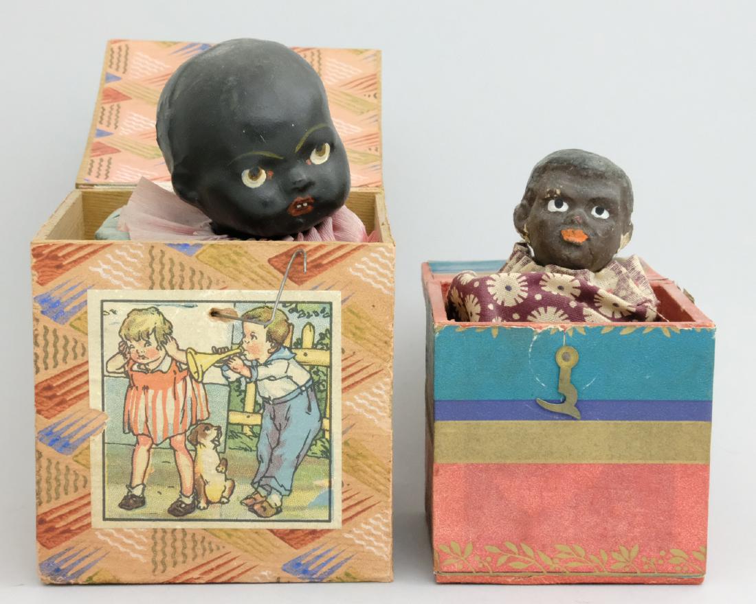 Two Jack in the Boxes: German - 1920's - 3" - 4" T Material: Wood, Paper and Composition