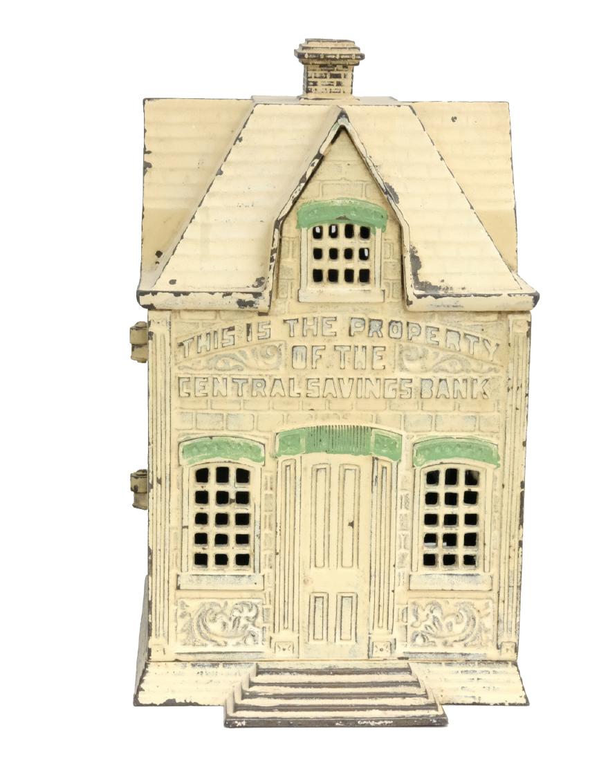 Property of Central Savings Bank: American - 1890's These banks are scarce when painted. Material: Cast Iron