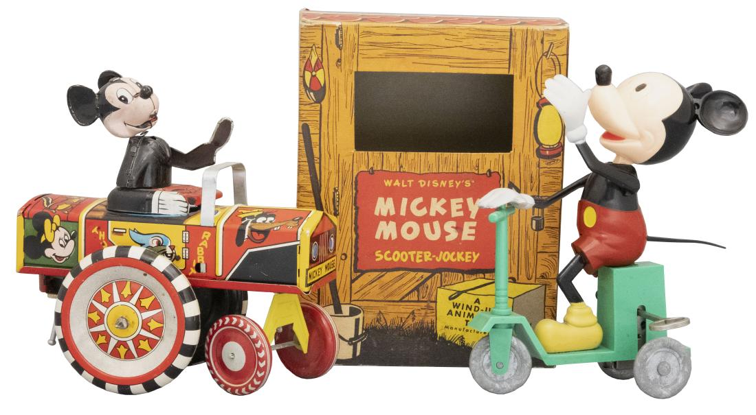 Mickey Dipsy Car and Mickey Mouse Scooter Jockey: LineMar Toys / Mavco Japanese / America - Circa 1940's Material: Tin and Plastic