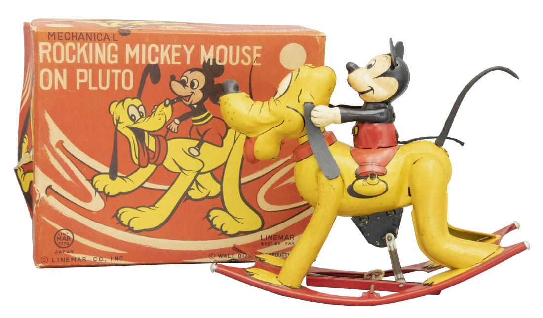 Rocking Mickey Mouse on Pluto: LineMar Toys Japanese - Circa 1950's A scarce toy and a superior example. Material: Tin