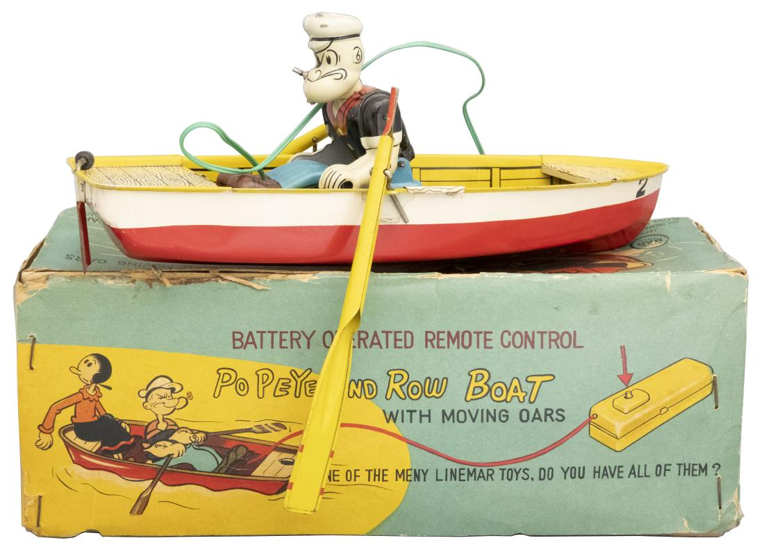 Popeye and Rowboat: LineMar Toys Japanese - Circa 1950's This is a rare and very desirable battery operated toy. Material: Tin