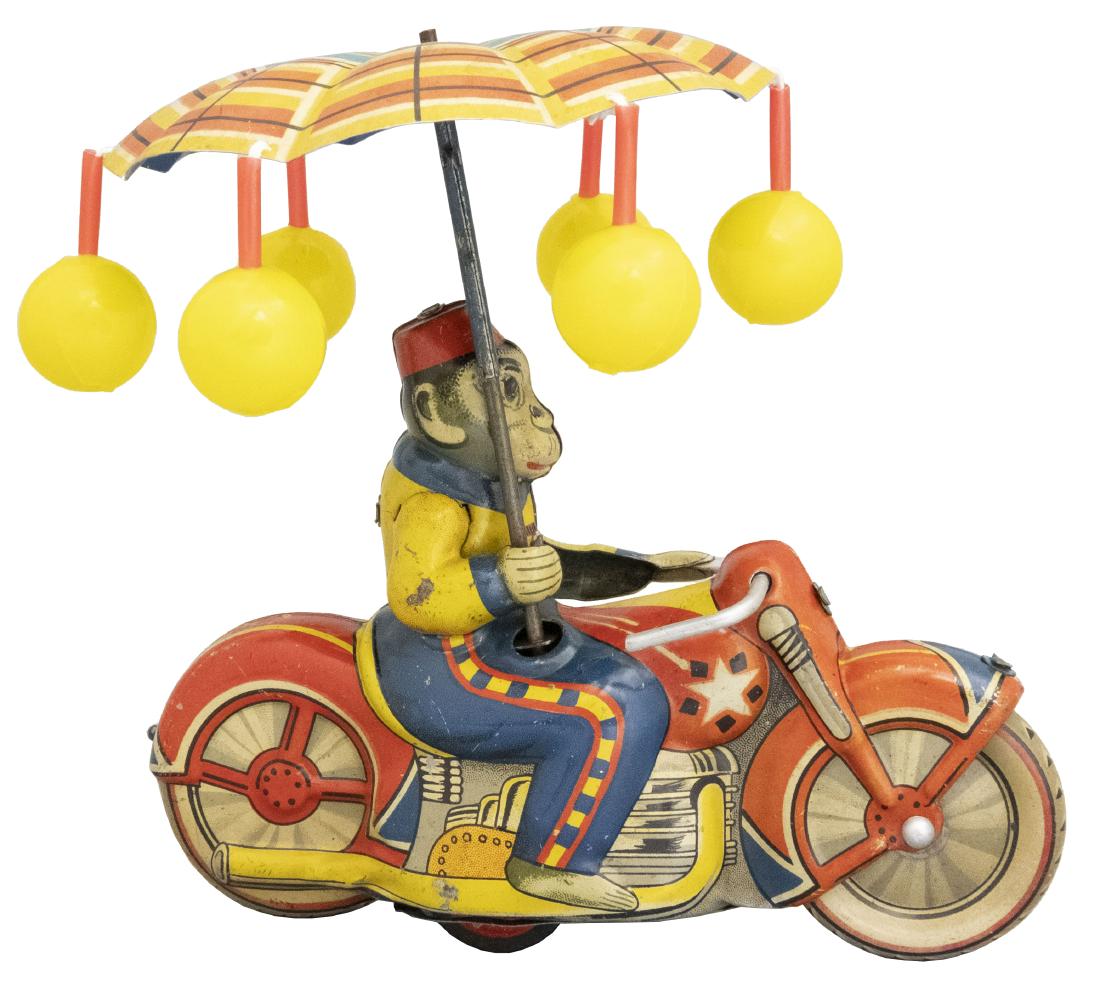 Monkey Motorcycle with Umbrella: Japanese - Circa 1948 - 5.5" L Material: Tin
