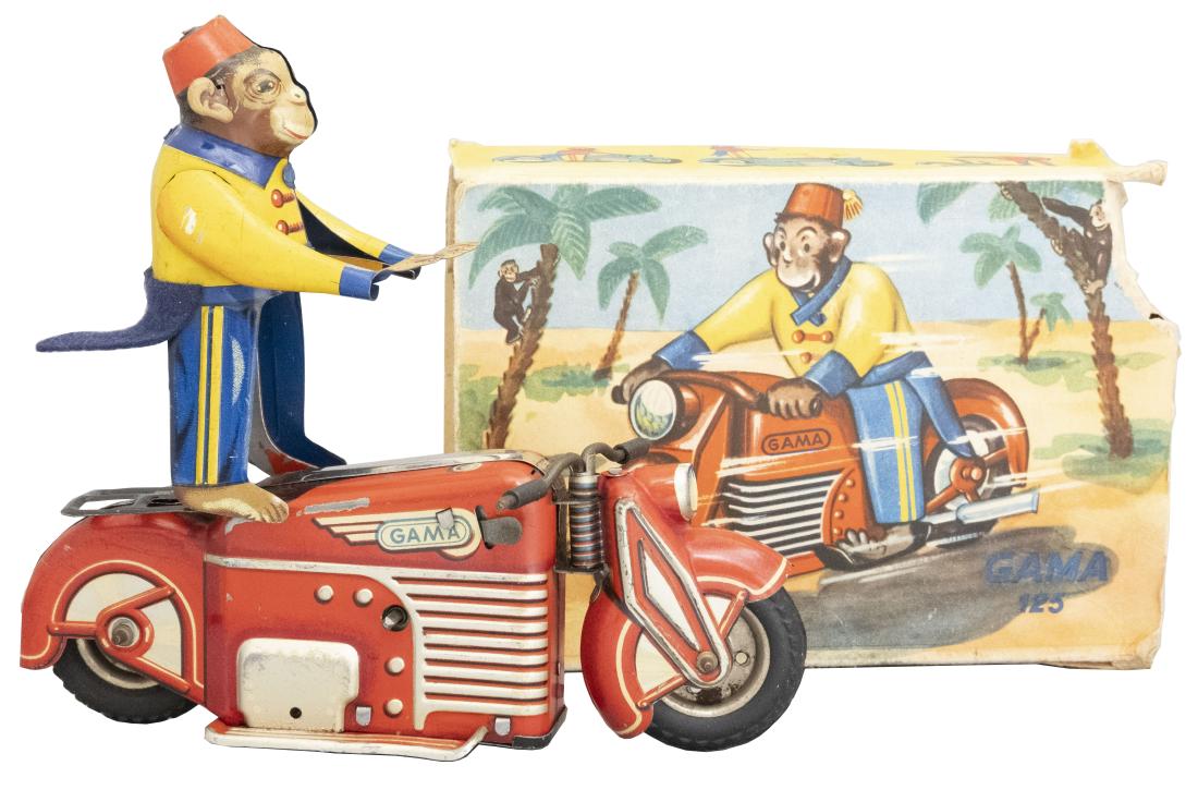 Monkey on Motorcycle: GAMA U. S. Zone Germany - Circa 1948 - 6.75" L Material: Tin