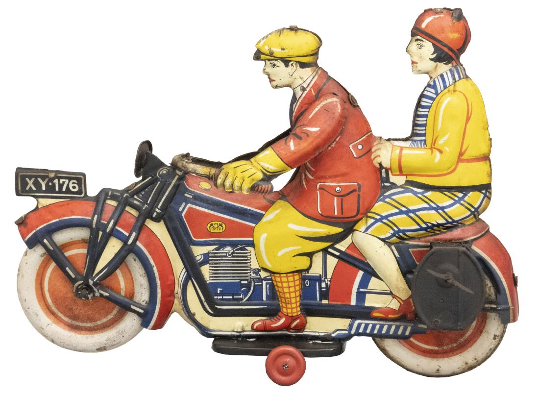 Civilian Motorcycle with Passenger "XY-176": George Levy (GELY) German - Circa 1920's - 8.5" L Material: Tin