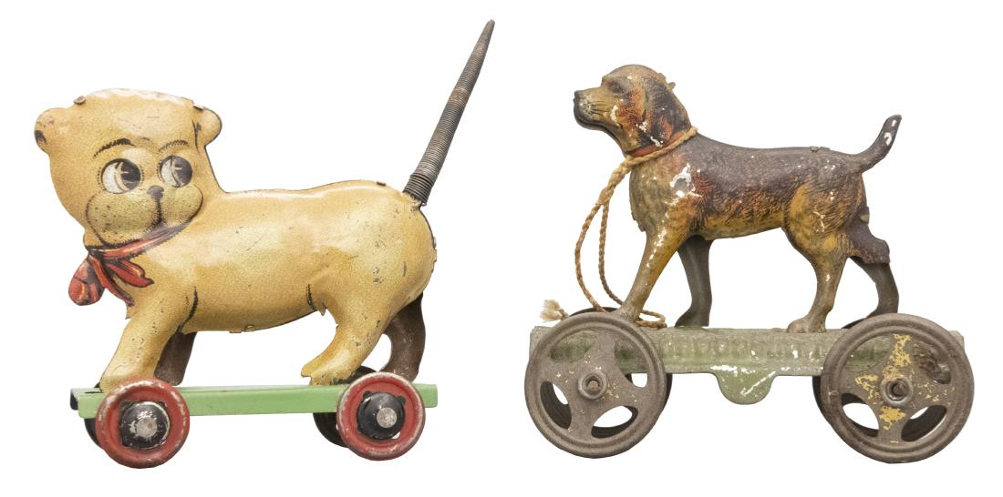 Two Dog Penny Toys: German - Circa 1920's/30's Material: Tin
