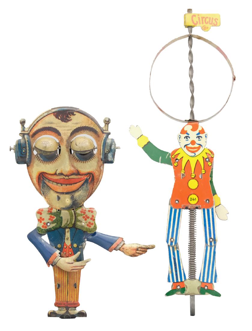 Hand Operated Radio Operator & Circus Clown: Charles Kellermann (CKO) Germany - Circa 1920's - 5.5/7.5" T Both toys work very well. Material: Tin