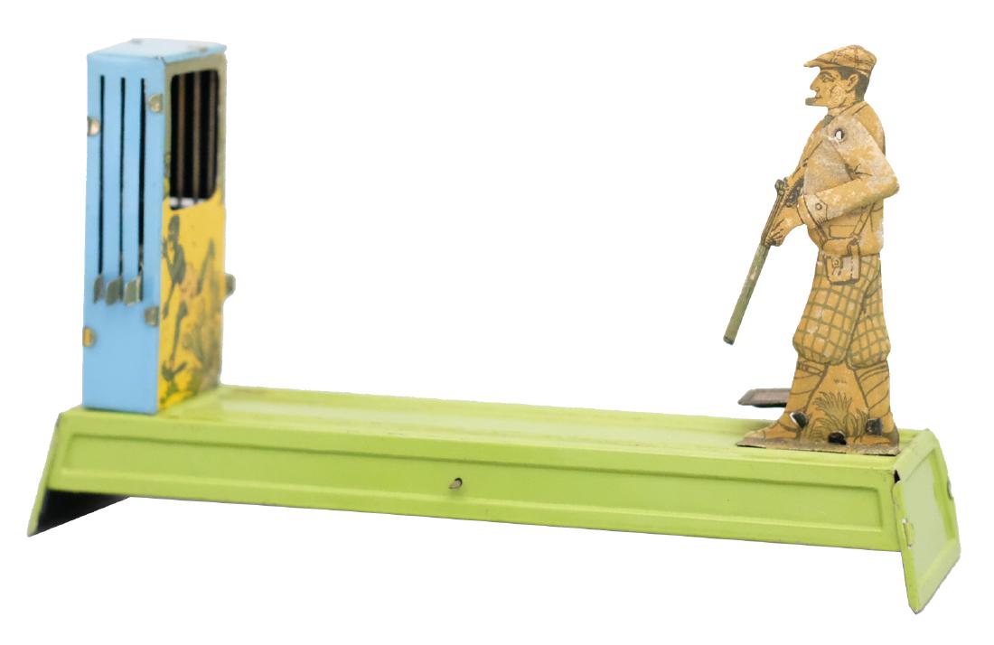 Rifle Range: Charles Kellermann (CKO) German - Circa 1920 - 8.5" L When the activating lever is pressed, he raises the riffle, pretends to shoot and the targets drop. Material: Tin