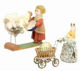 Windup Rabbit with Basket/Pecking Rooster: German - Circa 1920. - 7" L Both of these toys are beyond cute. They each work well. Material: Composition, fabric, wood, and papier mache