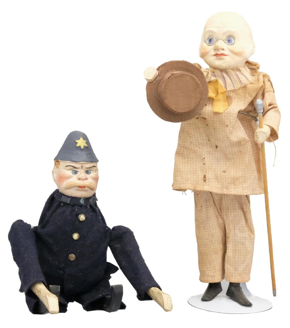 Comical Cop/Foxy Grandpa: German - Circa 1920 - 10/10.5" T Both of these gentleman work well. Material: Composition, wood, and fabric