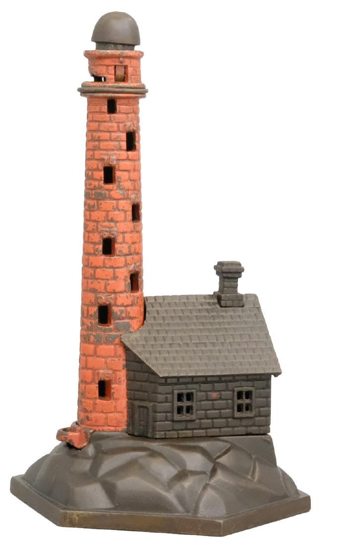Lighthouse: H. L. Judd Mfg. Co. Wallingford, CT - Circa 1891 This is a semi-mechanical bank. Drop nickels into the tower. When the 100th nickel is entered the coin trap pops out. Material: Cast Iron