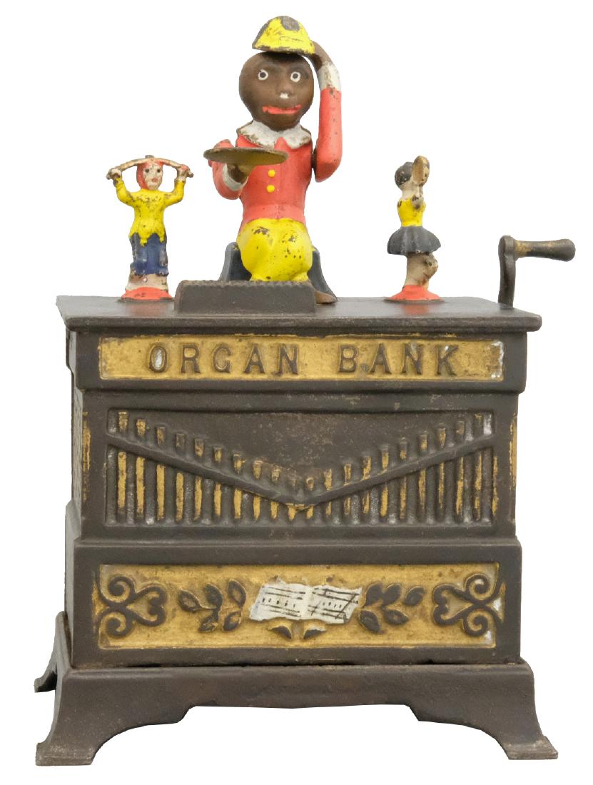 Organ Bank - Boy & Girl: Kyser & Rex Philadelphia, PA - Circa 1882 The monkey doffs his hat in thanks for the penny you have given him. The children rotate and the bells chime when the crank is turned. Material: Cast Iron