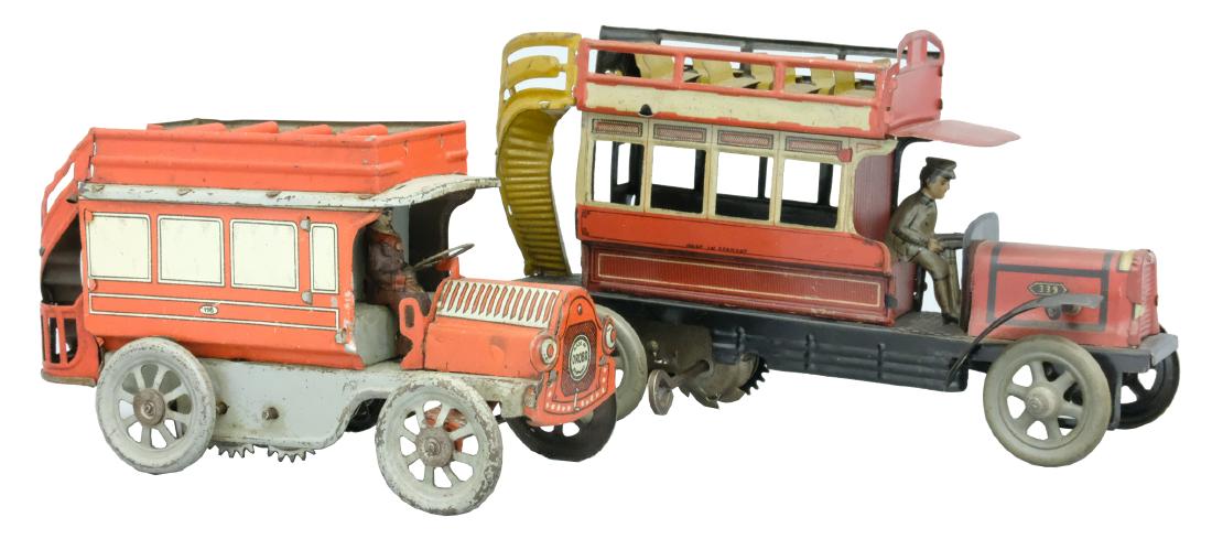 Two Double Decker Buses: Orober Company/Possibly Bing German - 1920's - 6"/7.25" L Both work well. Material: Tin