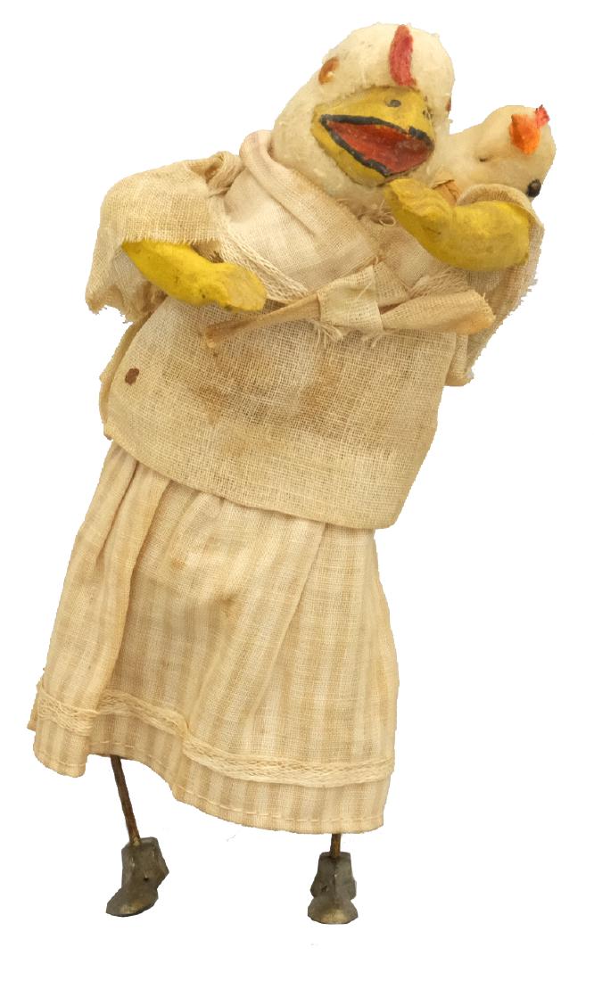 Chicken Mother & Chick: German - Circa 1920 - 7" T Material: Papier mache, fabric and lead