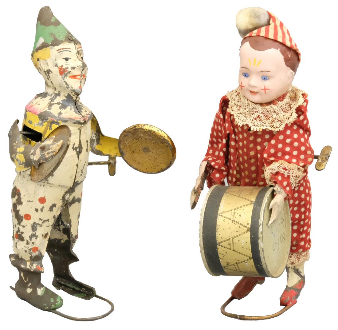 Two Clown Musicians: German - Circa 1920's/1930's - 9" T Material: Tin and fabric