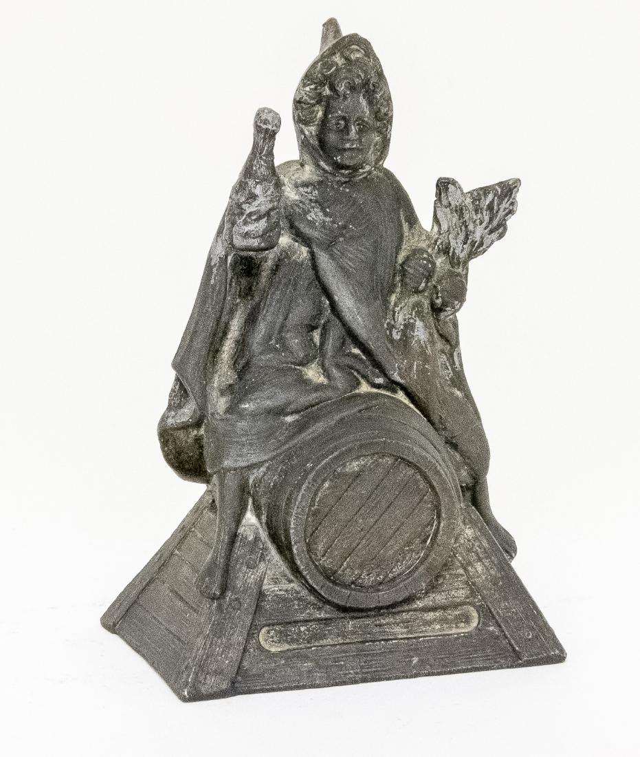 Munich Girl Straddling Keg: Holding Hops and Bottle German - 1920's Silvered Lead