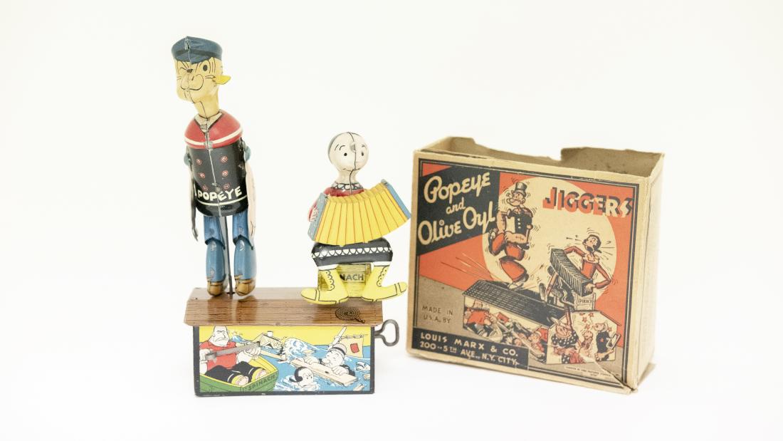 Olive Oyl & Popeye Jiggers: Louis Marx & Co. New York, NY - 1935 Tin