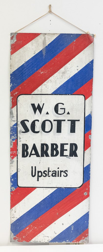 "W. G. Scott" Barber: Trade Sign American - 1920's - 14" W x 36" T Sheet Zinc