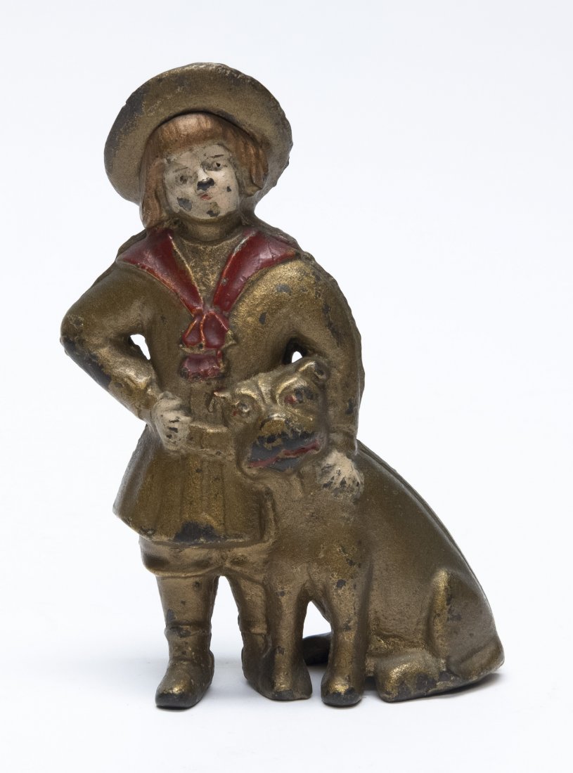 Buster Brown and Tige Cast Iron Still Bank: Made by A. C. Williams of Ravenna, OH - 1910's. Made of Cast Iron. Very Fine Condition (Replaced Screw).