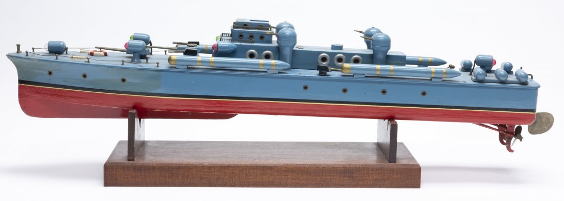 Battery Operated Gun Boat: Japanese - 1950's, 30" Long. Wood. Pristine Condition.