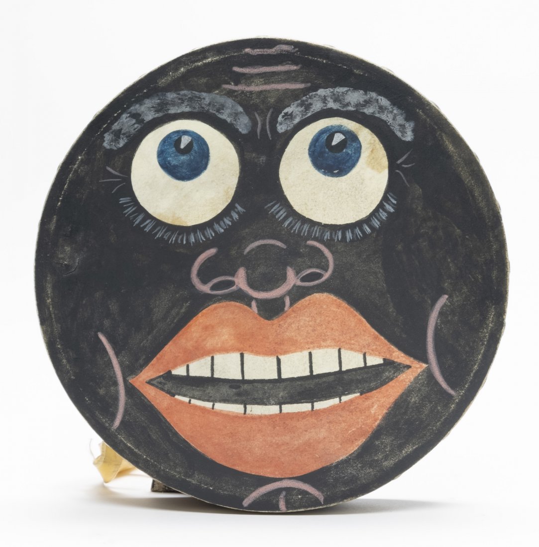 Black Faced Tambourine: American - 1920's, 10" Circumference. Marked Amos inside. Wood, Hide, Metal. Excellent Condition.