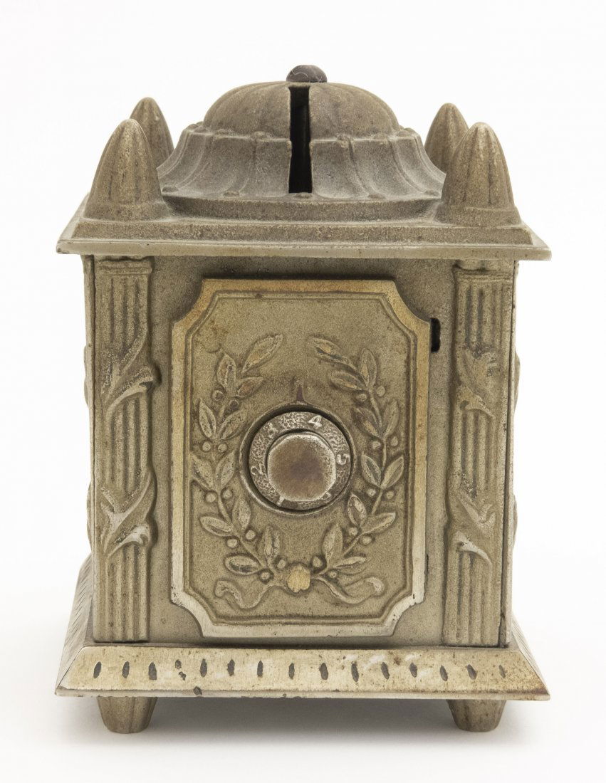 Four Posted Safe Iron Bank: Grey Iron Co. Mount Joy, PA - 1910's. Cast Iron. Excellent Condition.